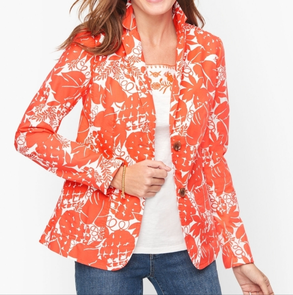 Talbots Casual Cotton Blazer Pineapple Paradise Print Orange White sz 16 Coastal